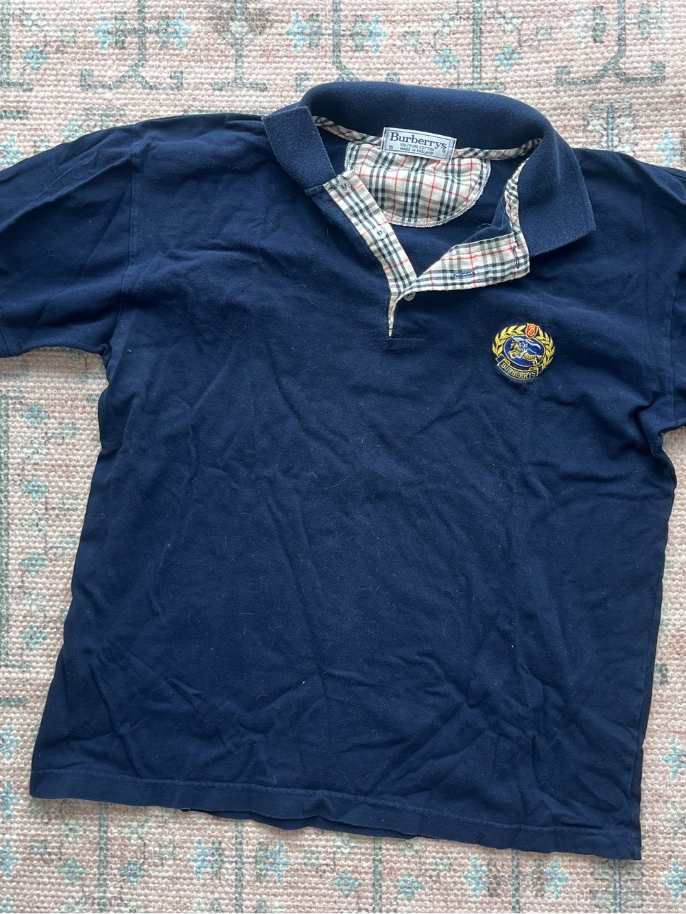 Burberry Navy Polo Shirt with Plaid Trim
